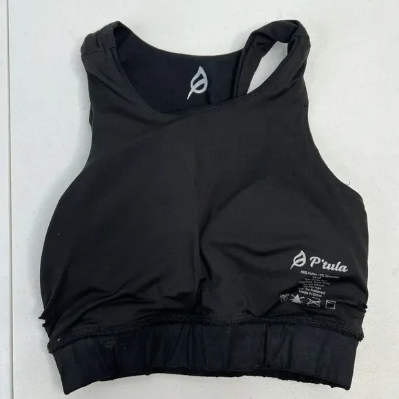 P'Tula Size S Sports Bra Black Racerback High Neck Women's Stretch Back Logo - Picture 6 of 8